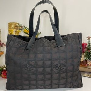 Authentic CHANEL  Travel Line Shoulder Tote Bag Nylon Leather Black E1830..SALE!